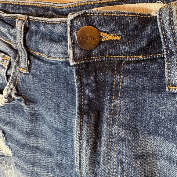Risen Distressed Denim Jean Shorts Dark Wash Frayed Hem‎ Medium - Picture 2 of 6